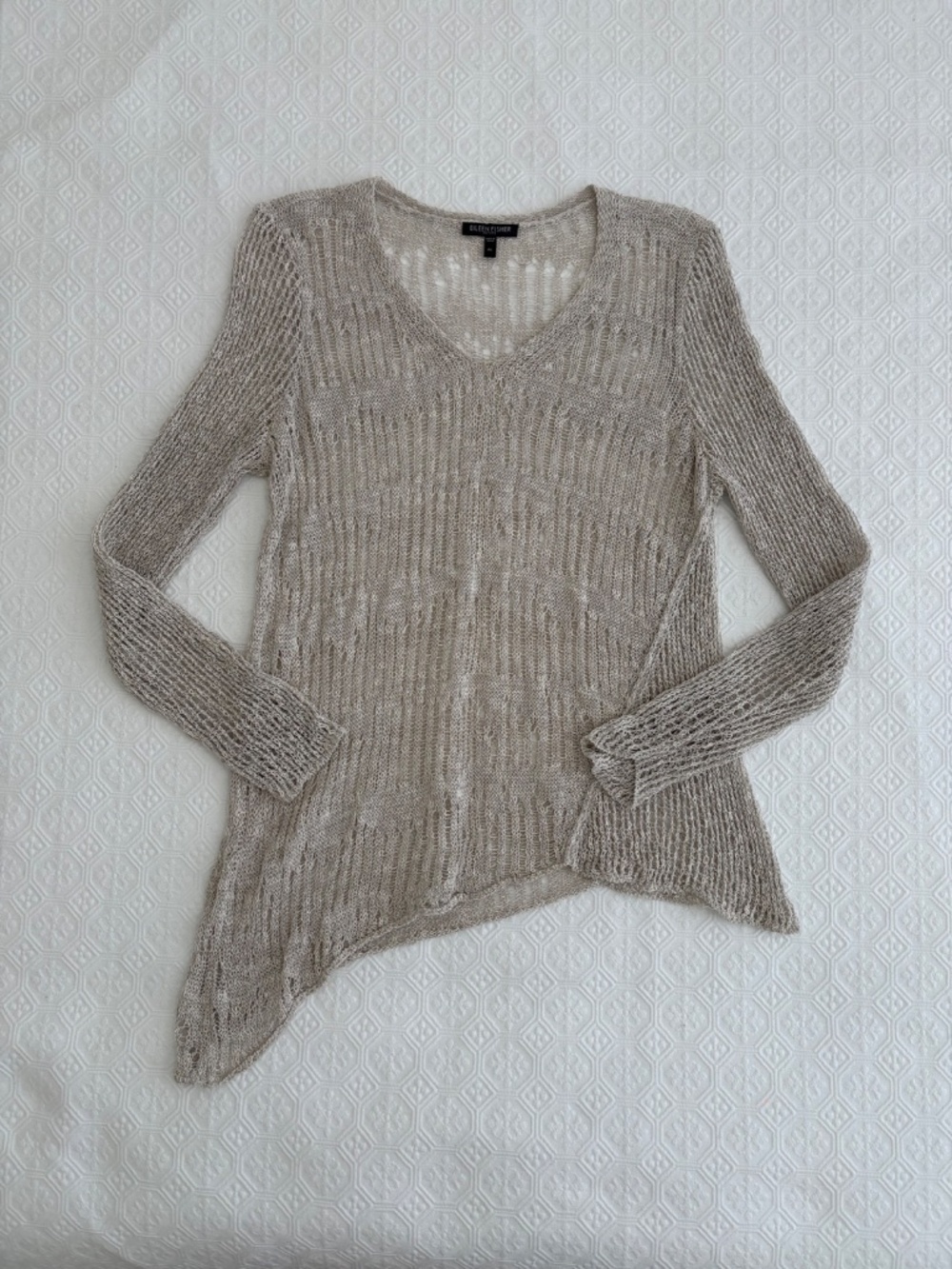 Eileen Fisher Lightweight Summer Sweater Beige V-Neck Asymmetrical Hem Open Knit